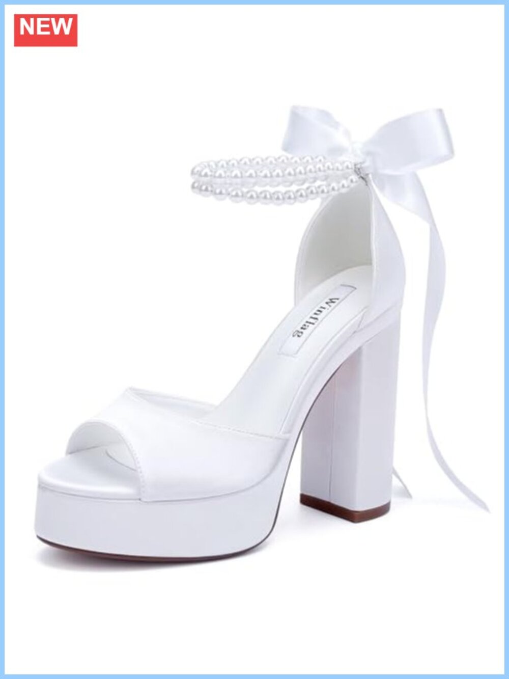 Bridal Pearl Platform Heels Satin Ankle Strap Chunky Block Heel Sandals